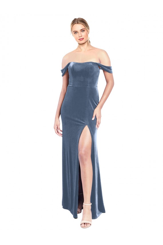 Long Sleeveless Stretch Velvet Dusty Blue A-Line Prom Dress / Bridesmaid Dress Newcastle