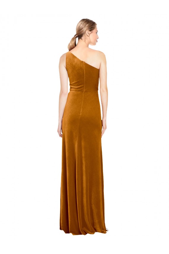 Long Sleeveless Stretch Velvet Gold One Shoulder A-Line Formal Evening Gown / Prom Dress / Bridesmaid Dress Newcastle