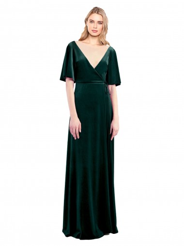 Long Flutter Sleeves Stretch Velvet Dark Green A-Line Prom Dress / Bridesmaid Dress Newcastle