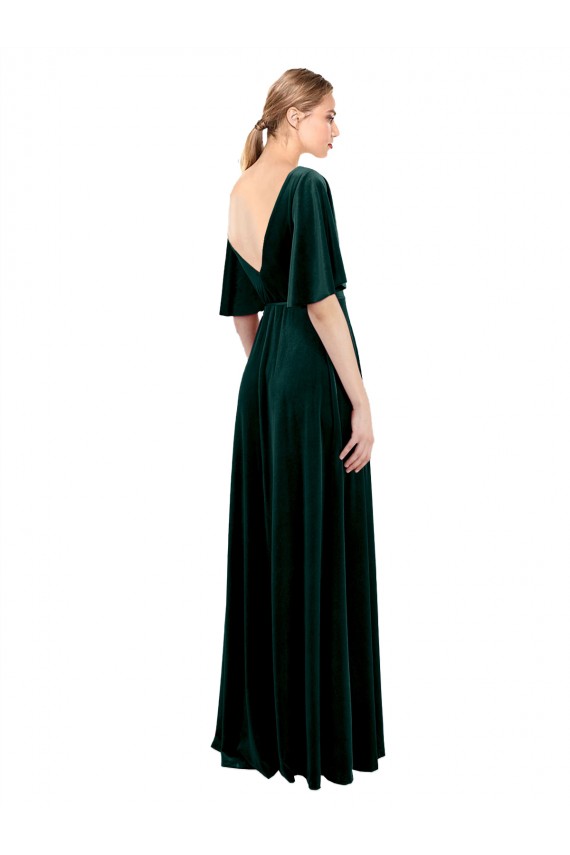 Long Flutter Sleeves Stretch Velvet Dark Green A-Line Prom Dress / Bridesmaid Dress Newcastle