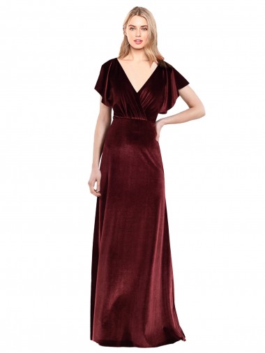 Long Flutter Sleeves Stretch Velvet Burgundy A-Line Prom Dress / Bridesmaid Dress Newcastle