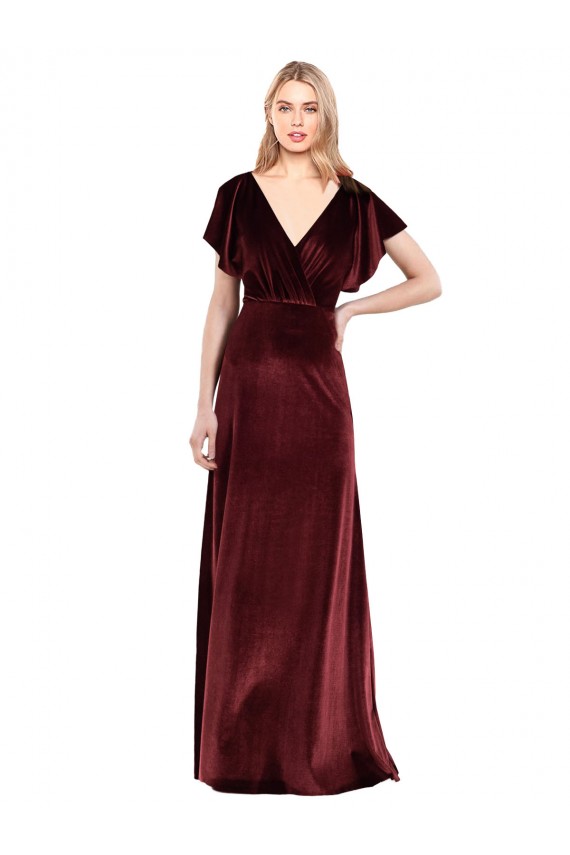 Long Flutter Sleeves Stretch Velvet Burgundy A-Line Prom Dress / Bridesmaid Dress Newcastle