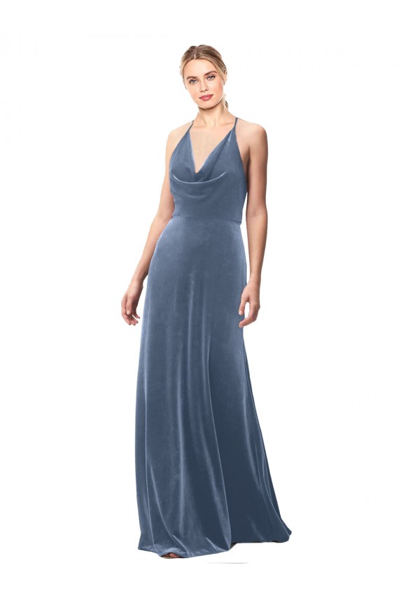 Long Sleeveless Stretch Velvet Dusty Blue Spaghetti Straps A-Line Prom Dress / Bridesmaid Dress Newcastle