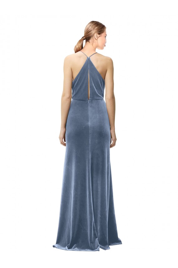 Long Sleeveless Stretch Velvet Dusty Blue Spaghetti Straps A-Line Prom Dress / Bridesmaid Dress Newcastle