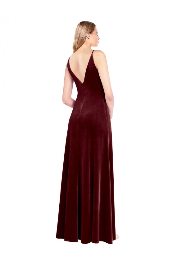 Long Sleeveless Stretch Velvet Burgundy A-Line Black Tie Prom Dress / Bridesmaid Dress Newcastle