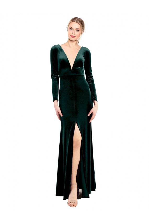 Long Long Sleeves Stretch Velvet Dark Green A-Line Black Tie Prom Dress / Bridesmaid Dress Newcastle