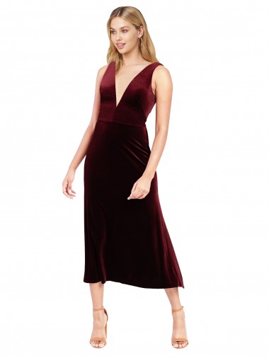 Midi Length Sleeveless Stretch Velvet Burgundy A-Line Prom Dress / Bridesmaid Dress Newcastle