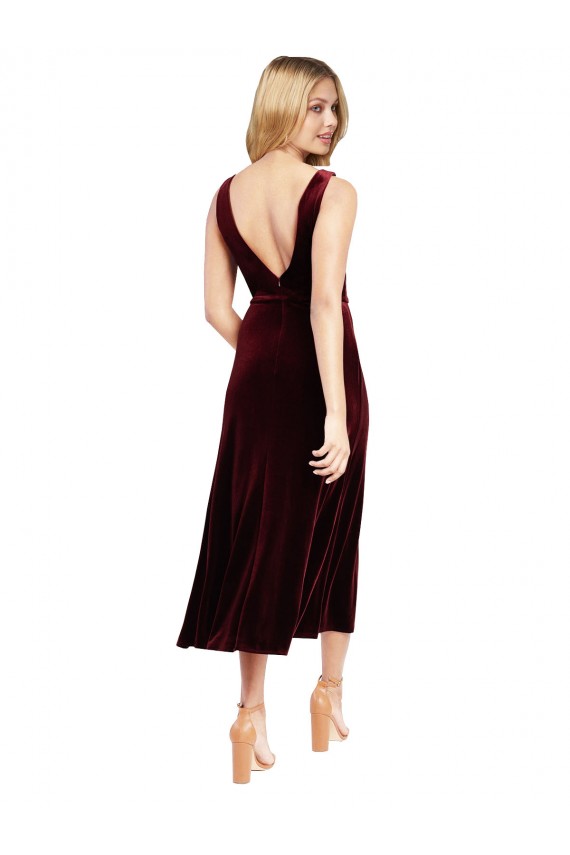 Midi Length Sleeveless Stretch Velvet Burgundy A-Line Prom Dress / Bridesmaid Dress Newcastle