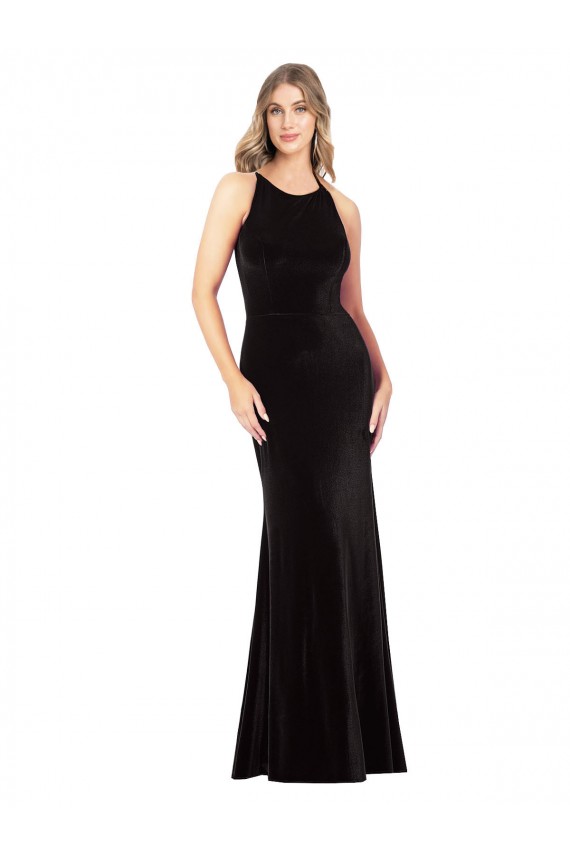 Long Sleeveless Stretch Velvet Black Spaghetti Straps Sheath Formal Evening Gown / Prom Dress / Bridesmaid Dress Newcastle