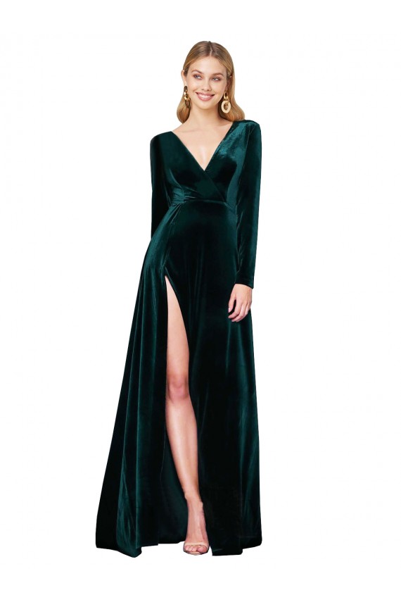 Sweep Train Long Sleeves Stretch Velvet Dark Green A-Line Black Tie Evening Gown / Prom Dress / Bridesmaid Dress Newcastle
