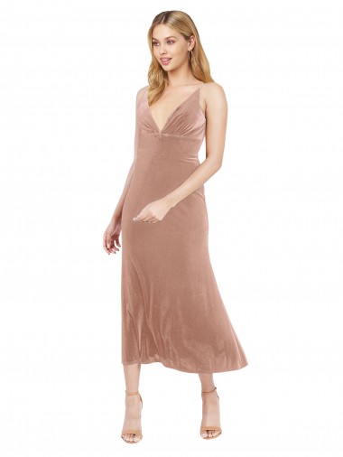 Midi Length Sleeveless Stretch Velvet Pink A-Line Prom Dress / Bridesmaid Dress Newcastle