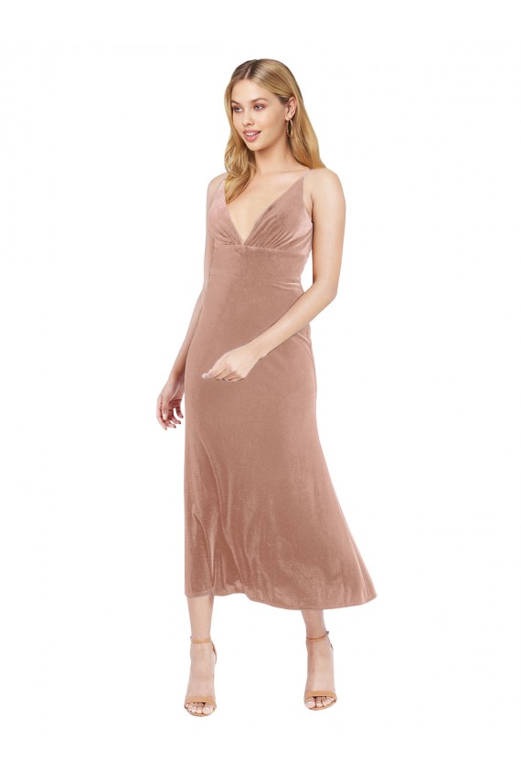 Midi Length Sleeveless Stretch Velvet Pink A-Line Prom Dress / Bridesmaid Dress Newcastle