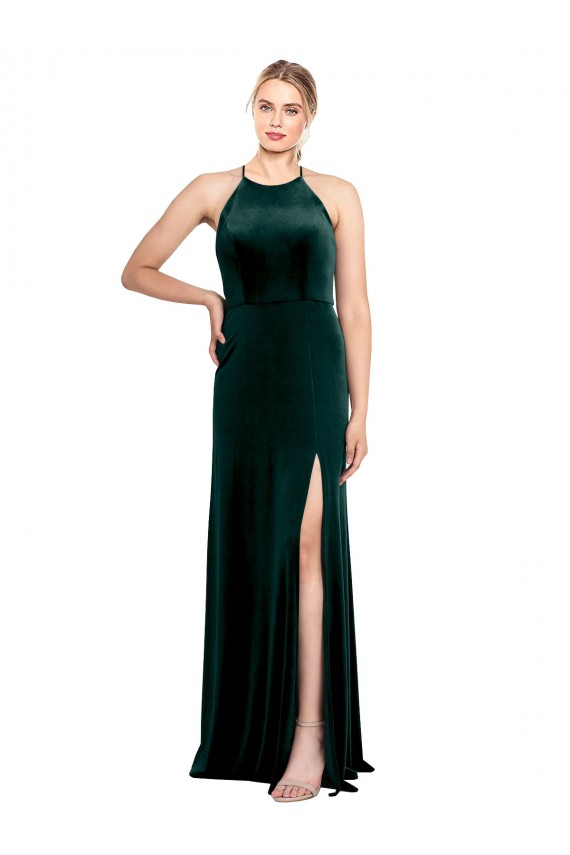 Long Sleeveless Stretch Velvet Dark Green Spaghetti Straps A-Line Prom Dress / Bridesmaid Dress Newcastle