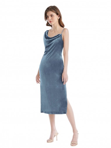 Long Sleeveless Stretch Velvet Dusty Blue Sheath Semi Formal Evening Dress / Prom Dress / Bridesmaid Dress Newcastle