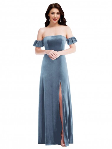 Long Ruffle Sleeves Stretch Velvet Dusty Blue A-Line Formal Dress / Bridesmaid Dress Newcastle