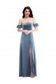 Long Ruffle Sleeves Stretch Velvet Dusty Blue A-Line Formal Dress / Bridesmaid Dress Newcastle