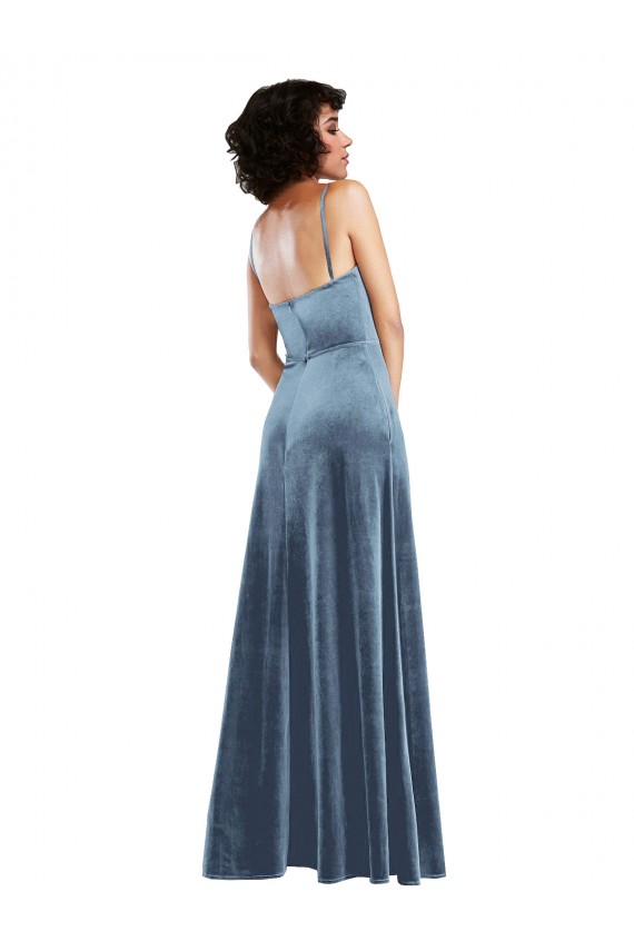 Long Sleeveless Stretch Velvet Dusty Blue Cowl Neck Sheath Semi Formal Evening Dress / Prom Dress / Bridesmaid Dress Newcastle