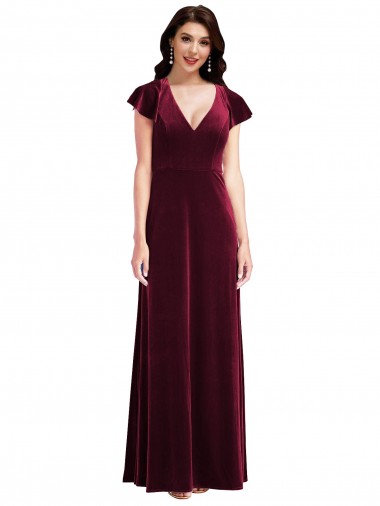 Long Flutter Sleeves Stretch Velvet Burgundy A-Line Semi Formal Evening Dress / Prom Dress / Bridesmaid Dress Newcastle