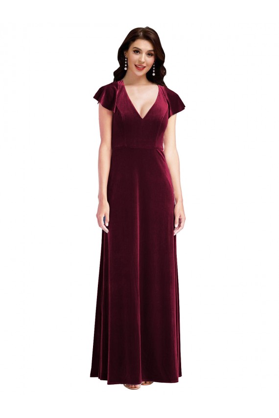 Long Flutter Sleeves Stretch Velvet Burgundy A-Line Semi Formal Evening Dress / Prom Dress / Bridesmaid Dress Newcastle