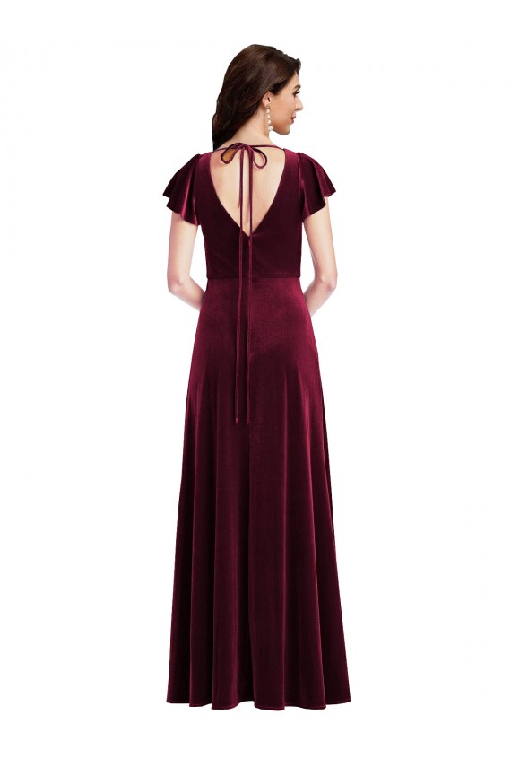 Long Flutter Sleeves Stretch Velvet Burgundy A-Line Semi Formal Evening Dress / Prom Dress / Bridesmaid Dress Newcastle