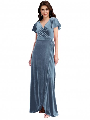 Long Flutter Sleeves Stretch Velvet Dusty Blue A-Line Black Tie Evening Gown / Prom Dress / Bridesmaid Dress Newcastle