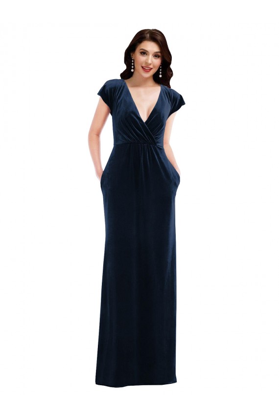 Long Flutter Sleeves Stretch Velvet Dark Navy A-Line Formal Dress / Bridesmaid Dress Newcastle