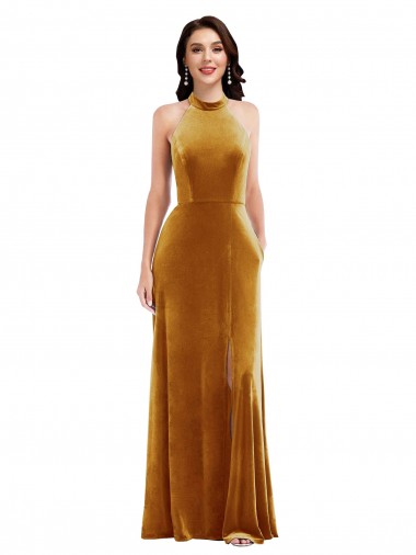 Long Sleeveless Stretch Velvet Gold Halter Neck Trumpet Semi Formal Evening Dress / Prom Dress / Bridesmaid Dress Newcastle