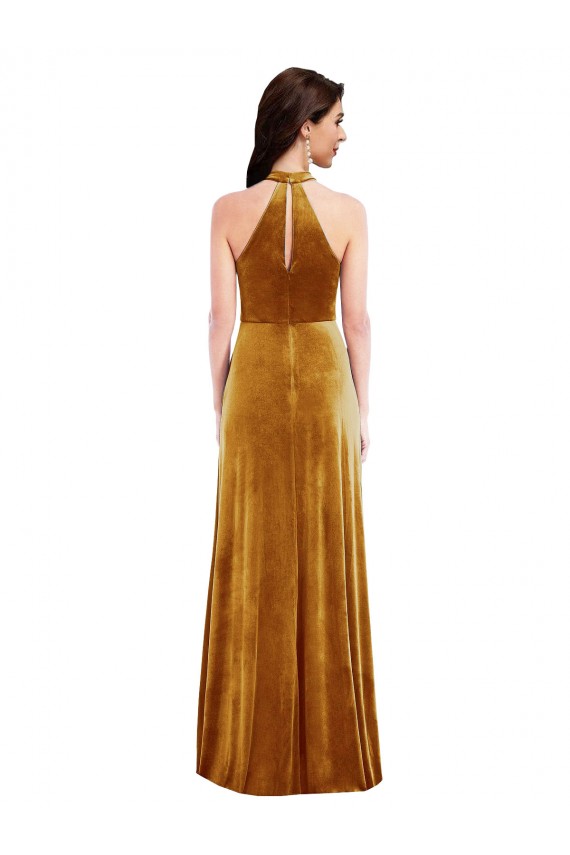 Long Sleeveless Stretch Velvet Gold Halter Neck Trumpet Semi Formal Evening Dress / Prom Dress / Bridesmaid Dress Newcastle