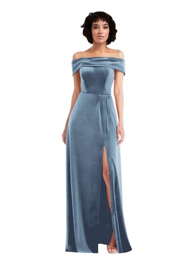 Long Sleeveless Stretch Velvet Dusty Blue Off the Shoulder A-Line Semi Formal Evening Dress / Prom Dress / Bridesmaid Dress Newcastle