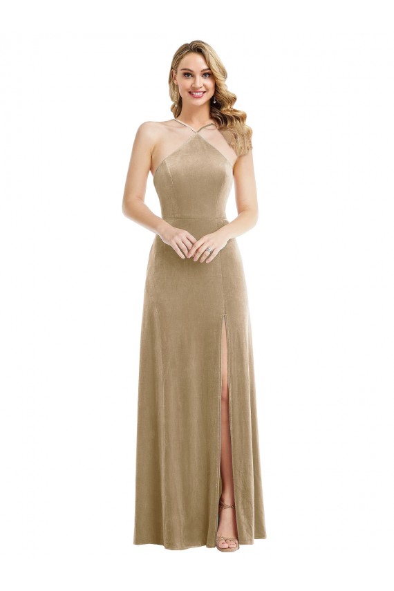 Long Sleeveless Stretch Velvet Champagne A-Line Semi Formal Evening Dress / Prom Dress / Bridesmaid Dress Newcastle