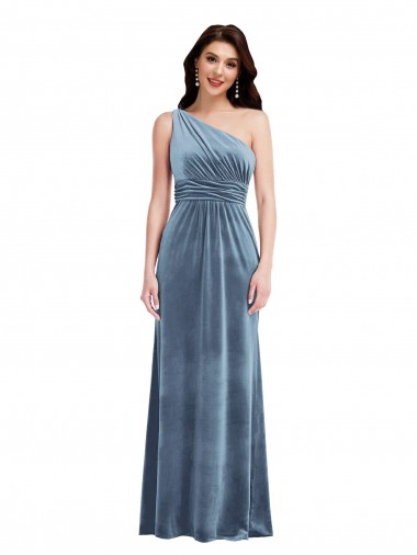 Long Sleeveless Stretch Velvet Dusty Blue A-Line Bridesmaid Dress / Evening Dress Newcastle
