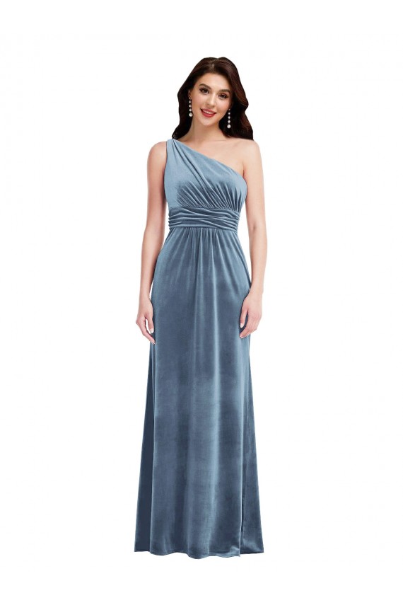Long Sleeveless Stretch Velvet Dusty Blue A-Line Bridesmaid Dress / Evening Dress Newcastle