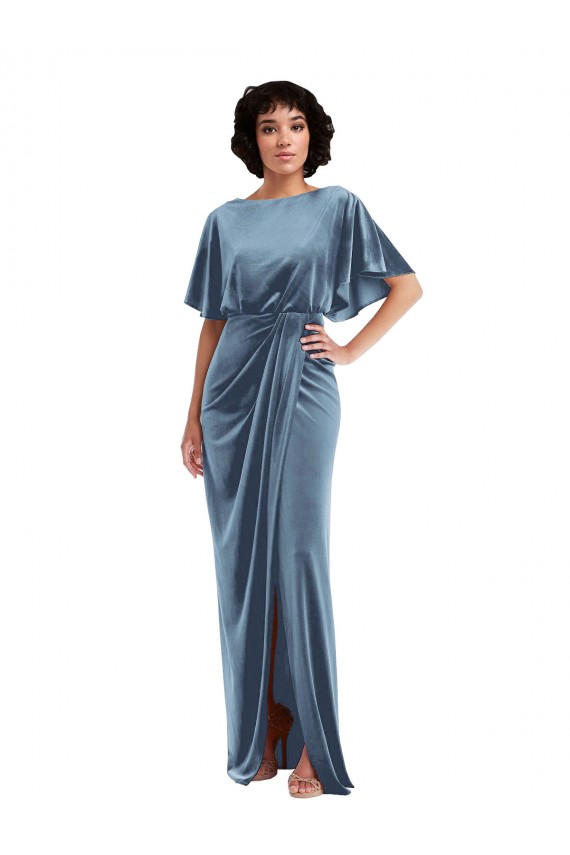 Long Flutter Sleeves Stretch Velvet Dusty Blue Sheath Semi Formal Evening Dress / Prom Dress / Bridesmaid Dress Newcastle