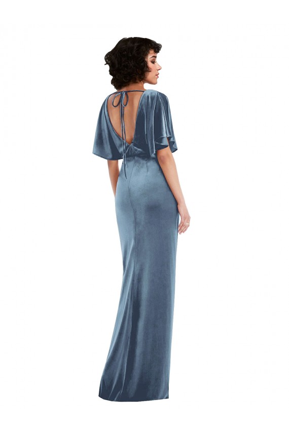 Long Flutter Sleeves Stretch Velvet Dusty Blue Sheath Semi Formal Evening Dress / Prom Dress / Bridesmaid Dress Newcastle