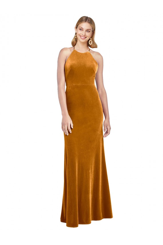 Long Sleeveless Stretch Velvet Gold A-Line Formal Evening Gown / Prom Dress / Bridesmaid Dress Newcastle