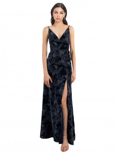 Long Sleeveless Floral Velvet & Stretch Velvet Dark Navy A-Line Bridesmaid Dress Newcastle