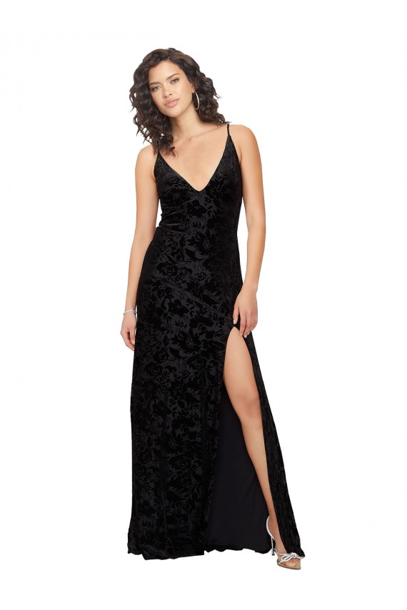 Long Sleeveless Floral Velvet & Stretch Velvet Black Sheath Bridesmaid Dress Newcastle