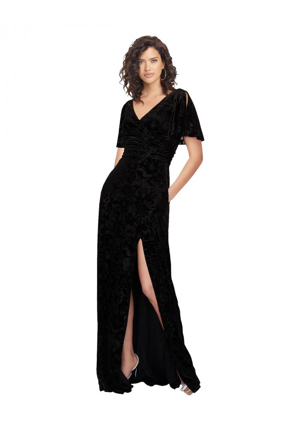 Long Short Split Sleeves Floral Velvet & Stretch Velvet Black A-Line Bridesmaid Dress Newcastle