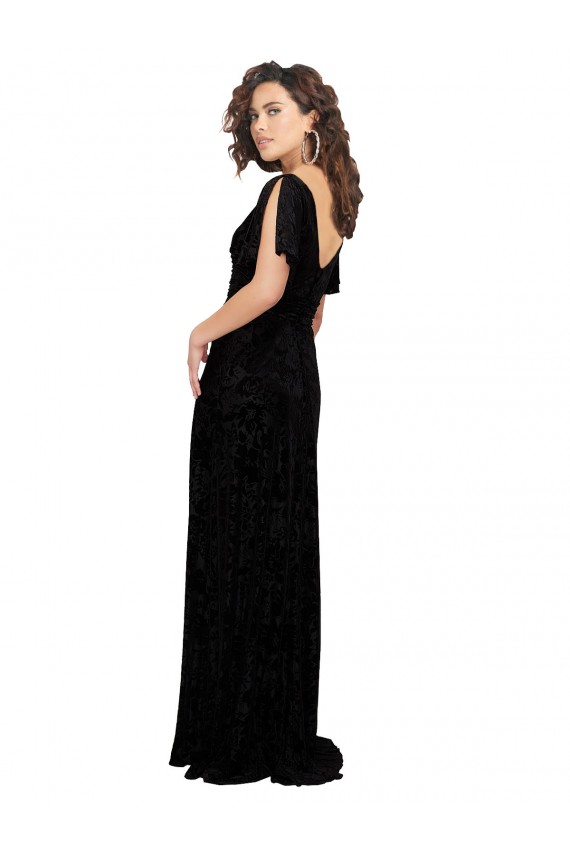 Long Short Split Sleeves Floral Velvet & Stretch Velvet Black A-Line Bridesmaid Dress Newcastle