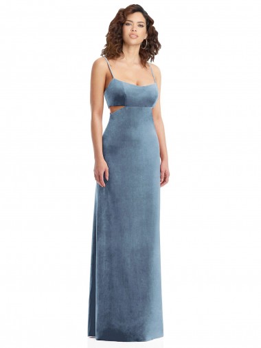 Long Sleeveless Stretch Velvet Dusty Blue Square Neck Sheath Formal Evening Gown / Prom Dress / Bridesmaid Dress Newcastle