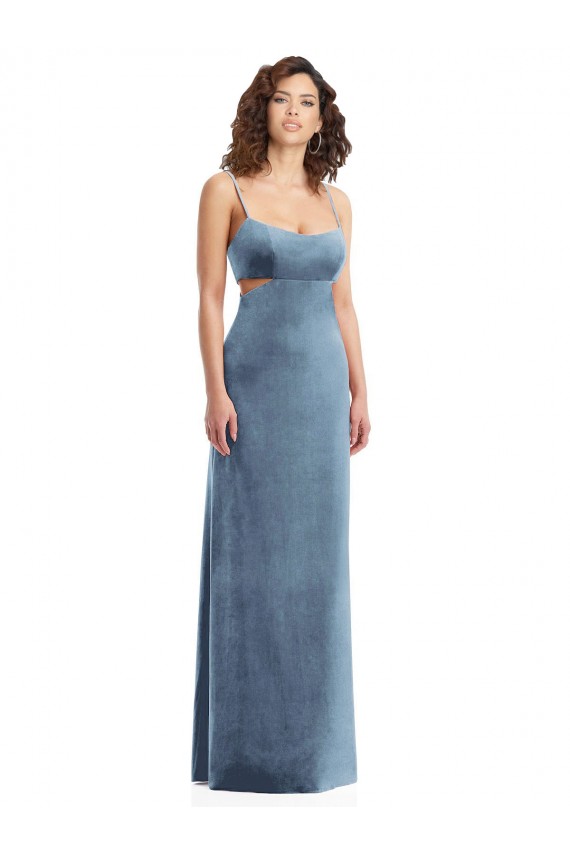 Long Sleeveless Stretch Velvet Dusty Blue Square Neck Sheath Formal Evening Gown / Prom Dress / Bridesmaid Dress Newcastle