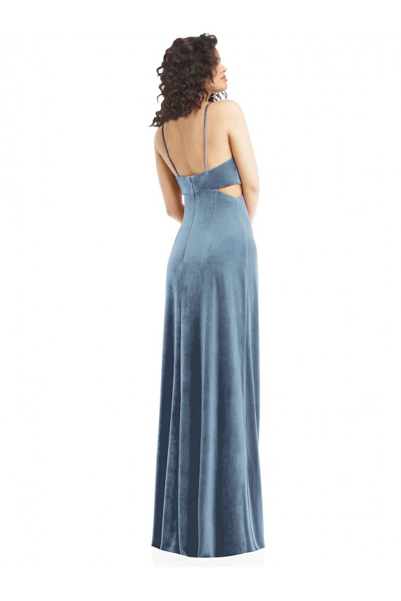 Long Sleeveless Stretch Velvet Dusty Blue Square Neck Sheath Formal Evening Gown / Prom Dress / Bridesmaid Dress Newcastle