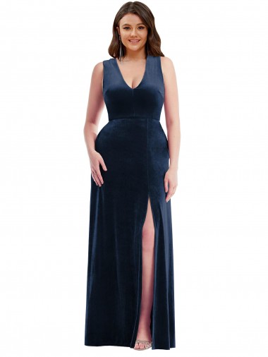 Long Sleeveless Stretch Velvet Dark Navy Sheath Formal Plus Size Evening Gown / Prom Dress / Bridesmaid Dress Newcastle