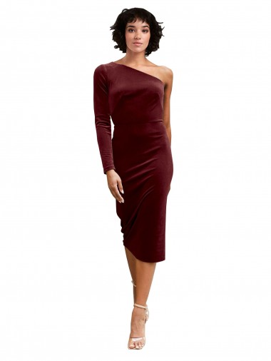 Midi Length Long Sleeves Stretch Velvet Burgundy A-Line Black Tie Prom Dress / Bridesmaid Dress Newcastle