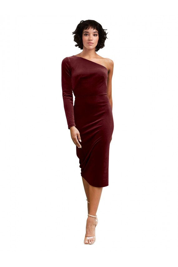 Midi Length Long Sleeves Stretch Velvet Burgundy A-Line Black Tie Prom Dress / Bridesmaid Dress Newcastle