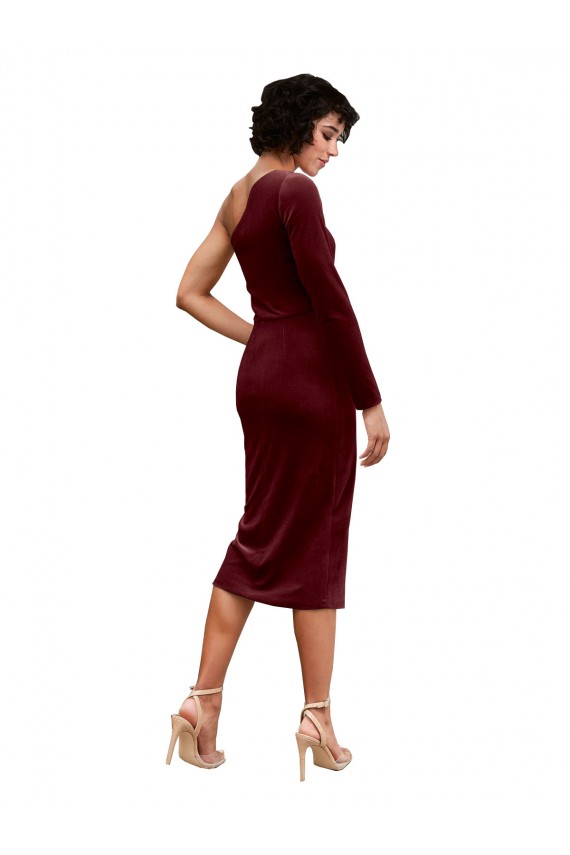 Midi Length Long Sleeves Stretch Velvet Burgundy A-Line Black Tie Prom Dress / Bridesmaid Dress Newcastle