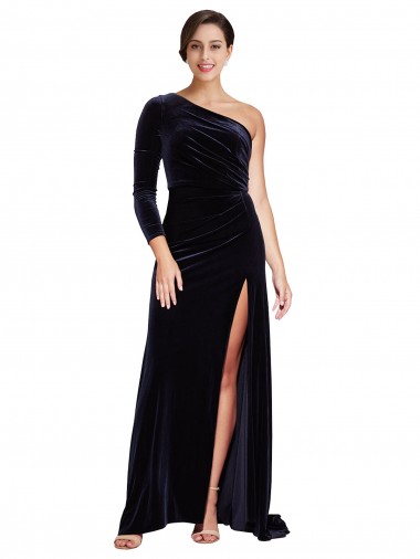 Sweep Train Long Sleeves Stretch Velvet Dark Navy A-Line Formal Evening Gown / Prom Dress / Bridesmaid Dress Newcastle