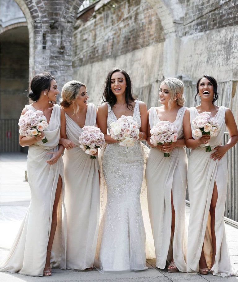 Full Length Luxe Chiffon Long Champagne bridesmaid dresses Newcastle with Sexy High Slit and Front Ruffles