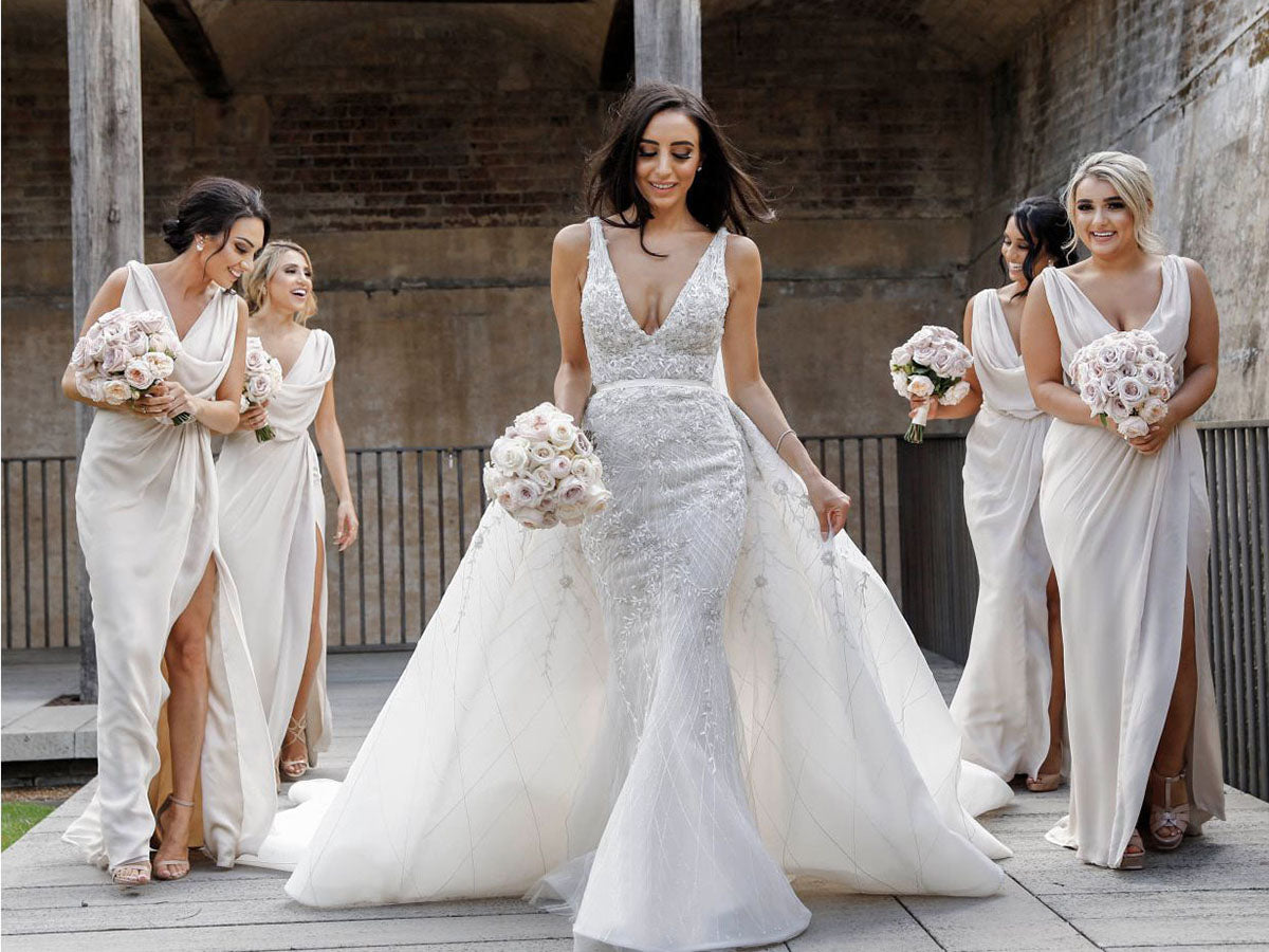 Full Length Luxe Chiffon Long Champagne bridesmaid dresses Newcastle with Sexy High Slit and Front Ruffles