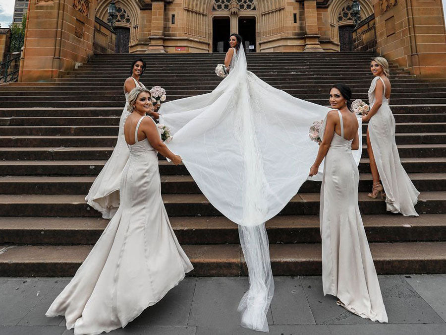 Full Length Luxe Chiffon Long Champagne bridesmaid dresses Newcastle with Sexy High Slit and Front Ruffles